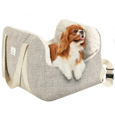 Abbildung von Pawaboo Hunde Autositz für kleine Hunde, Klein Hundesitz mit Fest Schnalle und Sicherheitsgurt, Verdicktes Hundebett Haustier Reiseträger Bett Welpensitz Auto, bis zu 25lbs, Braun+Beige