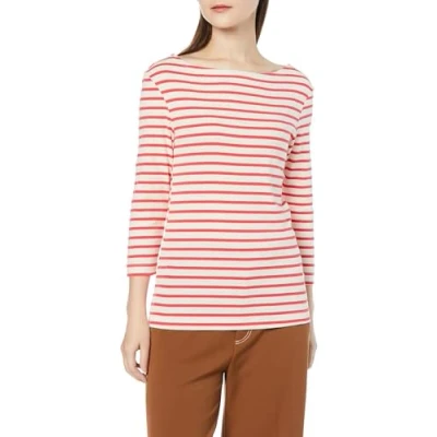 Abbildung von Amazon Essentials Damen T Shirt mit Bateau Ausschnitt und 3/4 Ärmeln in schmaler Passform, Korallenorange Gebrochenes Weiß Streifen, M