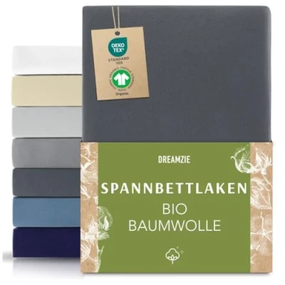 Abbildung von Dreamzie Premium Spannbettlaken 80x200 cm Dunkelgrau, Spannbetttuch aus 100% Jersey Biobaumwolle, 150 g/m² Oeko TEX