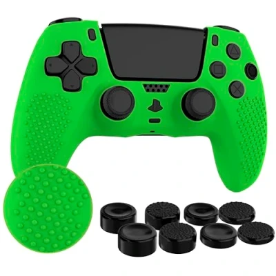 Abbildung von MyGadget Silikon Hülle kompatibel mit PS5 Controller 8 Thumbsticks [ 2X Paar Hoch Tief] Playstation 5 Dualsense Wireless Skin in Neon Grün