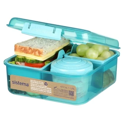 Abbildung von Sistema Bento Box 1,25 L Brotdose für Pause mit Fächern und Snackbox BPA frei hergestellt aus Ocean Bound Plastic Teal Stone 1 Stück, Mintgrün (Recycelter Kunststoff)