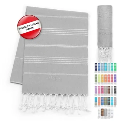 Abbildung von LeStoff Hamamtuch 100% Bio Baumwolle, 95 x 180 cm, Vorgewaschen, Saugstark, Schnelltrocknend, Leicht, Schick, Glitzer, Badehandtuch Damen, Strandtuch Badetuch groß (Grau Silber)