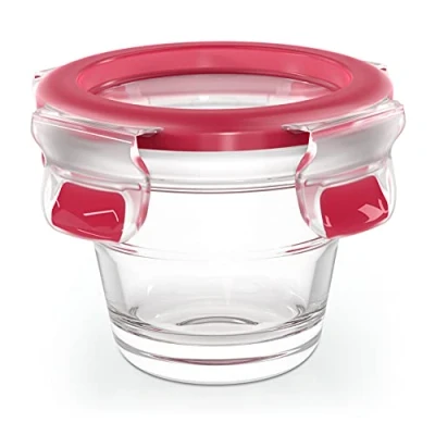 Abbildung von Emsa N10401 Clip &amp; Close Glas Frischhaltedose rund 0,1 L stapelbar gefrierfest backofenfest mikrowellenfest rutschfestes Stapeln 100% dicht spülmaschinenfest Transparent/Rot