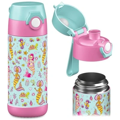 Abbildung von JARLSON® Trinkflasche Kinder &quot;MALI&quot; Thermo Edelstahl Wasserflasche BPA frei auslaufsicher Kinderflasche mit Chug Deckel Flasche für Schule, Kindergarten 350ml (Meerjungfrau, 350 ml)