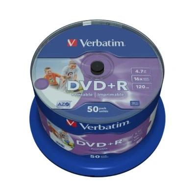 Abbildung von Verbatim DVD+R Wide Inkjet Printable 4.7GB, 50er Pack Spindel, DVD Rohlinge bedruckbar, 16 fache Brenngeschwindigkeit &amp; Hardcoat Scratch Guard, R printable, leer,