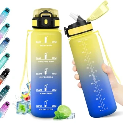Abbildung von Trinkflasche 1L, Sport Wasserflasche BPA frei, Auslaufsicher, mit Strohhalm &amp; Zeitmarkierung, Ideal für Gym, Yoga, Camping, Fahrrad, Schule, Büro, Erwachsene, Kohlensäure geeignet