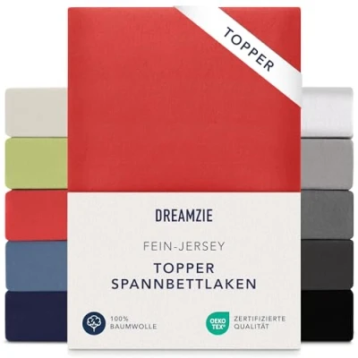 Abbildung von Dreamzie Premium Topper Spannbettlaken 140x200 cm 160x200 extra niedriger Seitenhöhe für Topperauflage Spannbetttuch Jersey Baumwolle, 150 g/m² Oeko TEX Rot
