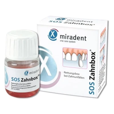 Abbildung von Miradent SOS Zahnbox® Zahnrettungsbox für ausgeschlagene Zähne &amp; Frontzahntrauma Nährlösung erhält Zellen eine Replantation Einheilung des verlorenen Zahns Aufbewahrung bis zu 48h
