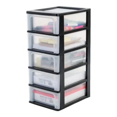 Abbildung von Iris Ohyama, Kunststoff Schubladenbox mit 5 flachen Schubladen, Schwarz, Easy Pull System, A4, A5 &amp; A6 Format, Schreibtisch Organizer für Büro, Schule, Schreibwaren, BPA frei, Schubladenschrank,