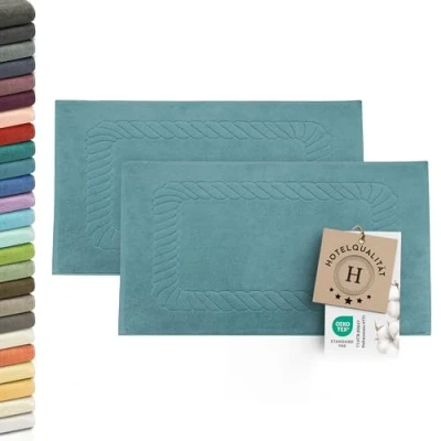 Abbildung von ZOLLNER 2er Set Badematten weiche und saugstarke Duschvorleger waschbar bis 95C Baumwolle 50x70 cm in Petrol