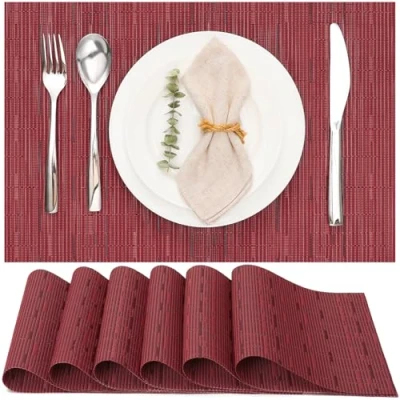 Abbildung von Myir JUN Tischsets Abwaschbar 6er Set, Gewebte Platzdeckchen rutschfest Abgrifffeste Hitzebeständig, Vinyl Platzsets für küche Speisetisch Hotel, Platz Matten 30x45cm (Rot)