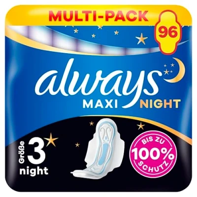 Abbildung von Always Maxi Binden Damen Gr. 3, Night 96 Damenbinden mit Flügeln (8X12 Stück Stück) weich und super saugfähig, geruchsneutralisierend Auslaufschutz