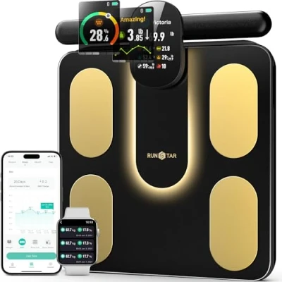 Abbildung von RunSTAR Körperfettwaage, Digitale Personenwaage mit 8 Elektroden für Körpergewicht und Körperfett, BMI, Muskelmasse Analyse von 28 Körperparametern, Vollfarb TFT LCD am einziehbaren Griff