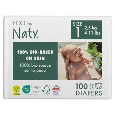 Abbildung von Eco by Naty Baby Öko Windeln umweltfreundliche Premium Bio aus pflanzenbasierten Materialien, ideal für empfindliche Babyhaut (Größe 1 100 Stück) MONATSBOX