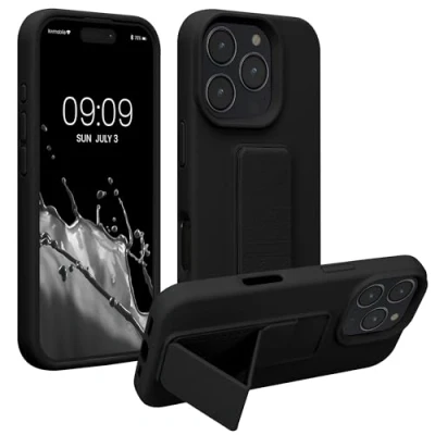 Abbildung von kwmobile Handyhülle kompatibel mit Apple iPhone 16 Pro Hülle Fingerhalter und Standfunktion Silikon Case Handy Cover in Schwarz
