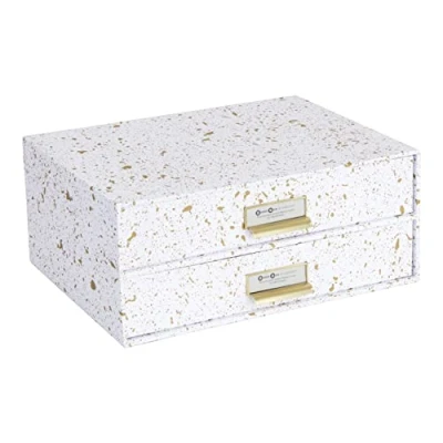 Abbildung von Bigso Box of Sweden BIRGER Schubladenbox für Dokumente und Bürobedarf Schreibtisch Organizer mit 2 Schubladen Ablagesystem aus Faserplatte Papier gold gesprenkelt