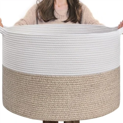 Abbildung von TIMEYARD Korb Aufbewahrung, Aufbewahrungskorb Kinderzimmer, Wäschekorb Kinder, Groß, Weihnachtsbaum Korb, für Decken, Baby Spielzeug, Geflochten, 55x35cm, Braun