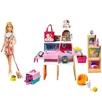 Abbildung von Barbie Pet Salon, 1x Puppe mit blonden Haaren, Welpe, Kätzchen, Haustierzubehör, Zubehör, 25 Teile, Farbwechseleffekt, Geschenke für Kinder ab 3 Jahren, GRG90