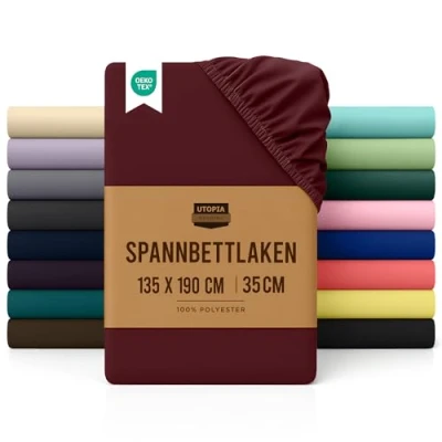 Abbildung von Utopia Bedding Spannbettlaken 135x190cm Burgunderrot Gebürstete Polyester Mikrofaser Spannbetttuch 35 cm Tiefe Tasche