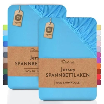 Abbildung von NatureMark 2er Pack Jersey Spannbettlaken, Spannbetttuch 100% Baumwolle in vielen Größen und Farben MARKENQUALITÄT ÖKOTEX Standard 100 90 x 200 cm türkis