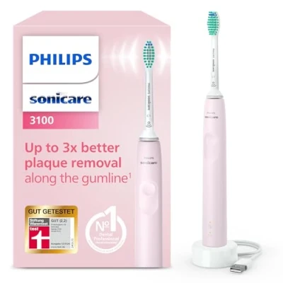 Abbildung von Elektrische Schallzahnbürste Philips Sonicare 3100 Series, mit integriertem Drucksensor, SmarTimer und QuadPacer, HX3671/11, Rosa