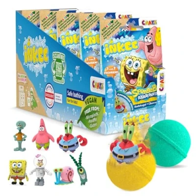 Abbildung von INKEE SpongeBob 5er Pack Badebomben Kinder mit Überraschung Schwammkopf Figuren zum Sammeln 5x Badekugeln 80g Burgergummi Aroma und Jojobaöl, Türkis oder Gelb