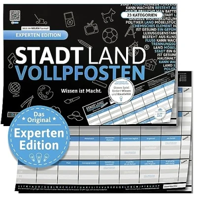 Abbildung von DENKRIESEN Stadt Land VOLLPFOSTEN® Experten Edition &#039;Wissen ist Macht.&#039; A4 Partyspiel Familienspiel Fluss Spielblock Geschenkidee