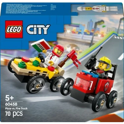 Abbildung von LEGO City Pizzalieferwagen vs. Löschauto Seifenkisten Spielzeug für Mädchen und Jungen ab 5 Jahren Bauset mit 2 Fahrer Minifiguren Geschenk zum Geburtstag &amp; die Feiertage 60458