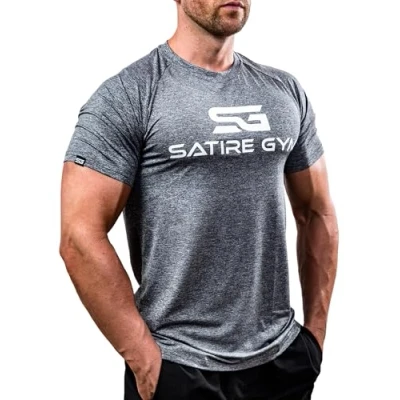 Abbildung von Satire Gym® Fitness Slim Fit T Shirt Herren/Funktionelles &amp; schnell trocknendes Sportshirt Herren Kurzarm als Bodybuilding Workout Gym (L, grau meliert)