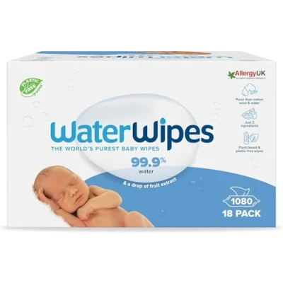 Abbildung von WaterWipes plastikfreie, originale Reinigungstücher für Babys, 1080 Stück (18 Packungen), 99,9 % wasserbasierte Reingugnstücher, unparfümiert empfindliche Haut