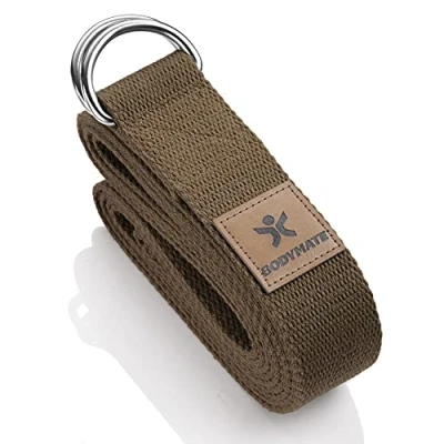 Abbildung von BODYMATE Yogagurt mit Verschluss aus Metall, Yoga Band für Anfänger und Fortgeschrittene, Schlaufe 100% Baumwolle, Strap 250cm lang 3,8 cm breit, Chocolate