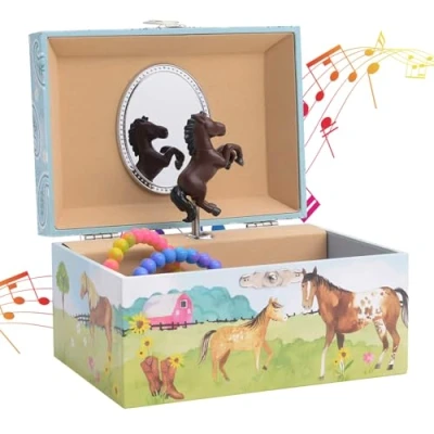 Abbildung von Jewelkeeper Schmuckschatulle Mädchen im Scheunendesign mit drehendem Pferd Musikalisches Schmuckkästchen für Kinder Melodie Home on the Range Schmuckaufbewahrung Kinderschmuck