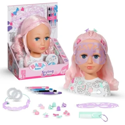 Abbildung von BABY born Styling Kopf Kreativ, Frisierkopf zum Bemalen mit hochwertigem rosa Haar und über 20 Accessoires, 836033 Zapf Creation