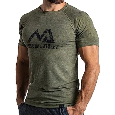Abbildung von Natural Athlet Herren Fitness T Shirt meliert Männer Kurzarm für Gym &amp; Training Passform Slim Fit, lang mit Rundhals, M, Olive