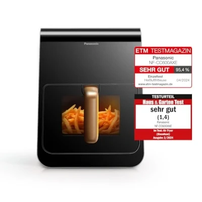 Abbildung von Panasonic NF CC600AXE Air Fryer mit Sichtfenster, 6 l, 80200 C, digitaler Timer &amp; LCD Display, sanfte Dampfzugabe, 11 Voreinstellungen, einfache Reinigung, Schwarz Griff in Roségold
