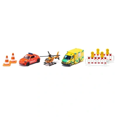 Abbildung von siku 6332, Geschenkset Rettung, VW Beetle Notarztwagen, Mercedes Rettungswagen, Helikopter, Spielzeug Set, Kunststoff/Metall, Multicolor, Inkl. 2 Warnbaken und Pylonen