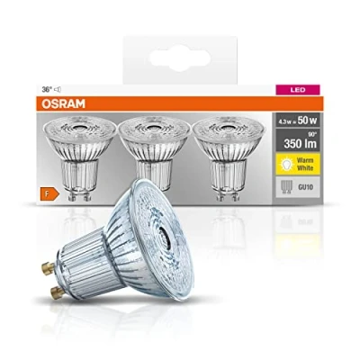 Abbildung von Osram LED Base PAR16 Reflektorlampe, mit GU10 Sockel, nicht dimmbar, Ersetzt 4,3 Watt, 36 Ausstrahlungswinkel, Warmweiß 2700 Kelvin, 3 Stück (1er Pack)