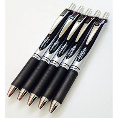 Abbildung von 5 x Pentel BL77 Energel Kugelschreiber, TintenrollerSchreibfarbe: Schwarz 0,7 mm Metallspitze,Gummigriffzone. A