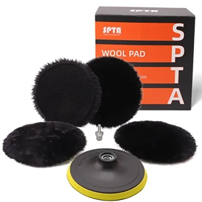 Abbildung von SPTA Lammfell pad, Lammwollhaube, Lammfell, 5tlg 150mm Polieren polierscheibe Polierset Set Wolle pad Lammwolle Klett + M14 Bohrer Adapter für Auto poliermaschine HWPPS6M14M5