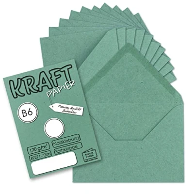 Abbildung von 25x Vintage Briefumschläge in Eukalyptus (grün) DIN B6 125 x 178 mm Kraftpapier 120 g/m² Recycling Nassklebung Spitzklappe UmWelt by GUSTAV NEUSER