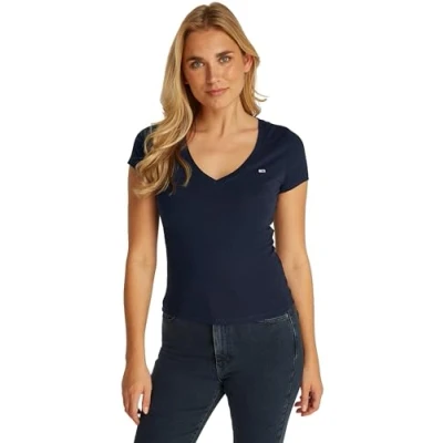 Abbildung von Tommy Jeans Damen Tjw Slim V Neck Tee Dw0dw20458 S/S T Shirt, Blue (Dark Night Navy), S EU