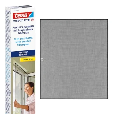 Abbildung von tesa Insect Stop Clip on Fliegengitter zum Einklicken in PVC Fenster zuschneidbarer Rahmen, Netz aus langlebigem Fiberglas, Selbstklebende Halte Klips 1 x 1,2 m Anthrazit