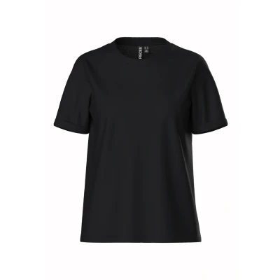 Abbildung von PIECES Ria Short Folded Sleeve Essential T Shirt Pcria Ss Fold Up Solid Tee Noos Bc, Schwarz,S