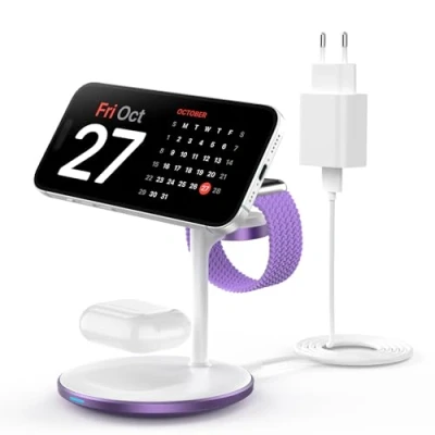 Abbildung von 3 in 1 induktive Ladestation für mehrere Geräte,15W Mag Safe iPhone 15 14,Mag Ladegerät iWatch Ultra 2/1/Series 9,AirPods,Purple