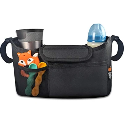Abbildung von Kinderwagen Organizer mit Getränkehalter &amp; ausfaltbarer Netztasche Universale Tasche, Wasserabweisender Buggy Organizer, Kinderwagentasche Wickeltasche