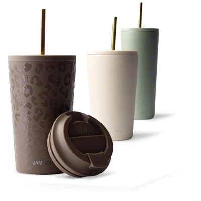 Abbildung von MAMEIDO Thermobecher mit Strohhalm 470ml &amp; 700ml Trinkbecher Deckel und aus Edelstahl doppelwandig isoliert, auslaufsicher Coffee to go Becher (Wild Allure, 0,47l)