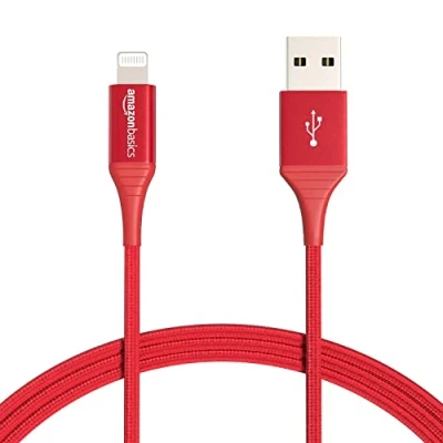 Abbildung von Amazon Basics Verbindungskabel USB A auf Lightning, Nylon umflochten, MFi zertifiziertes Ladekabel für iPhone, rot, 0.9 m
