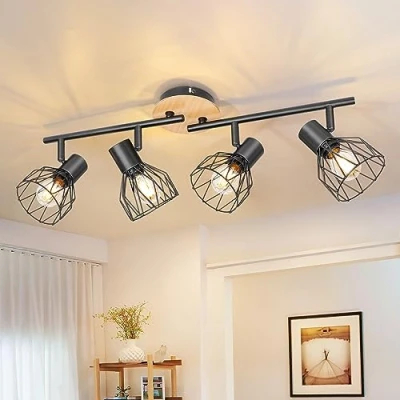 Abbildung von Kimjo LED Deckenstrahler 4 Flammig Deckenleuchte E14 Schwarz Deckenlampe Holz Schlafzimmer Küche Lampe Decke Wohnzimmerlampe Spotleuchte Nein Leuchtmittel