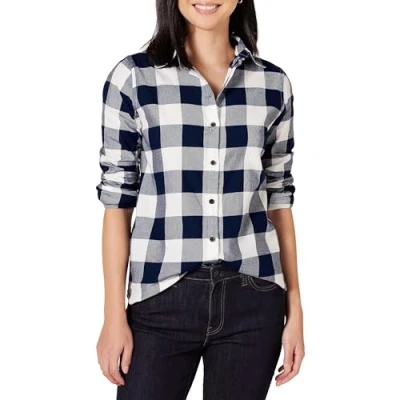 Abbildung von Amazon Essentials Women&#039;s Long Sleeve Plaid Flannel Shirt Shirt, navy buffalo plaid, Large