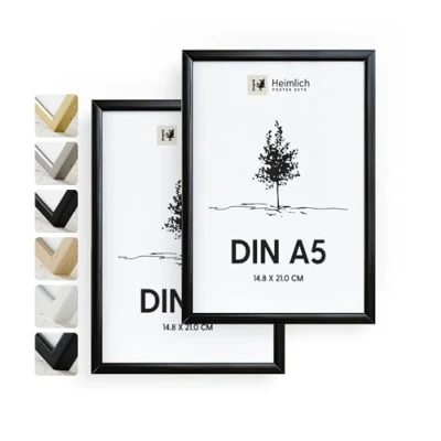 Abbildung von Heimlich® Bilderrahmen A5 14,8 x 21 cm, Aluminium, Metall, Schwarz, 2er Pack Diplom Poster Collage Rahmen mit Folienabdeckung Wandmontage oder Tischaufsteller